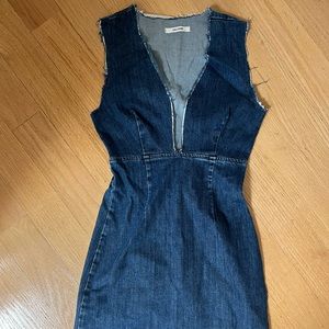 GRLFRND Deep V mini denim dress, plunging neckline & thick cut straps. Worn once